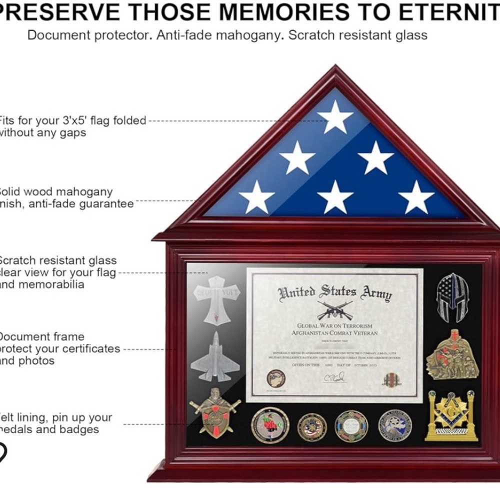 Certificate Display Folded 3'x5'Flag Shadow Box Felt Lining Badge/MedalsMahogany